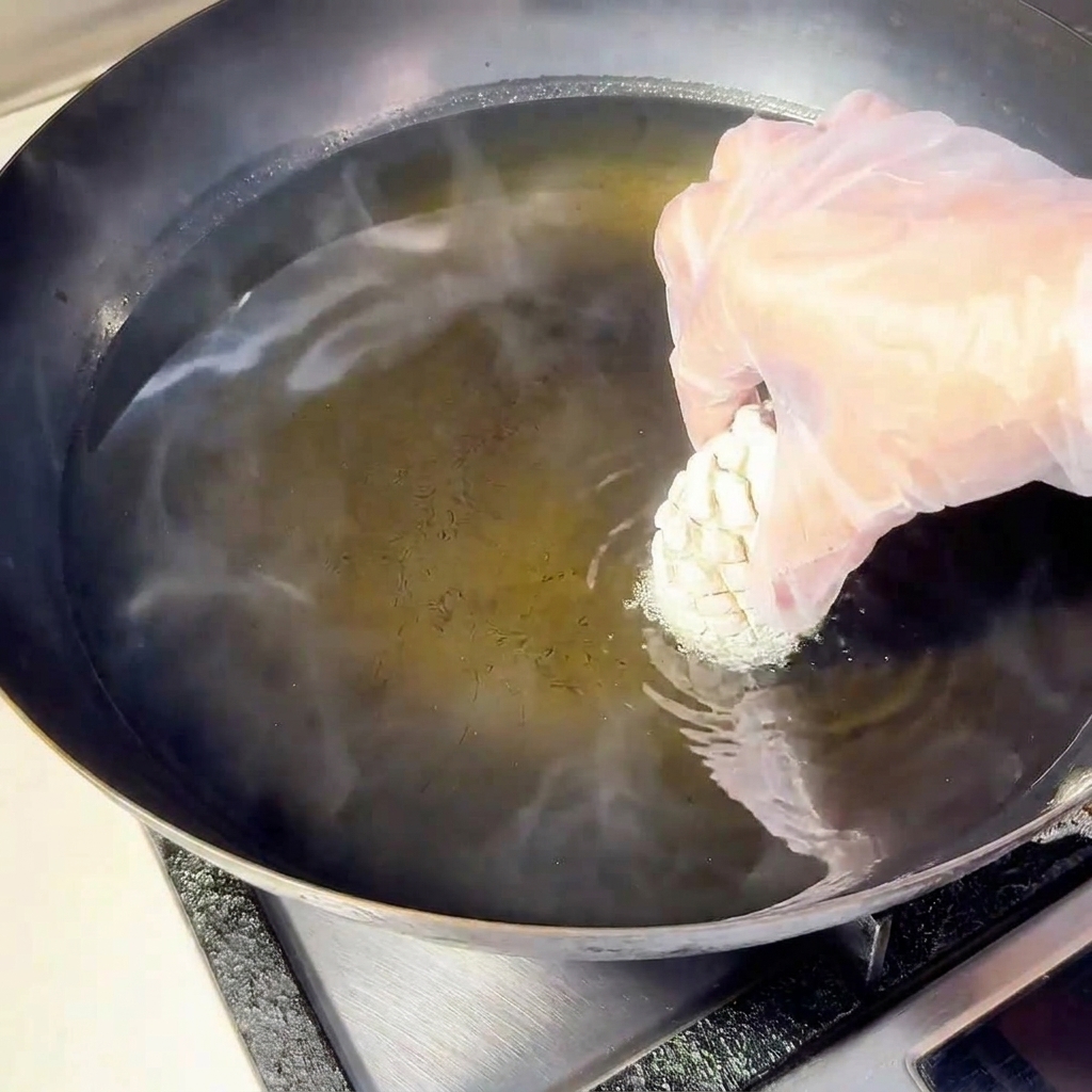 手袋をした手で、衣をつけた椎茸を熱した油に入れている様子。