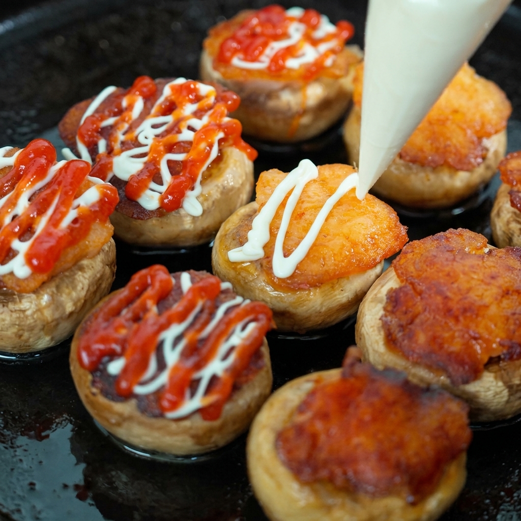 焼いたマッシュルームにマヨネーズとケチャップをトッピングする様子。