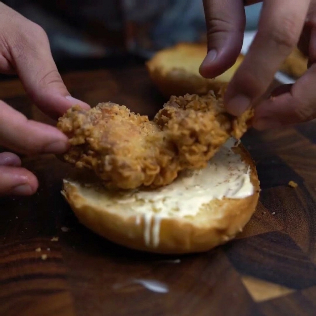 バンズの上にチキンを乗せ、チーズを重ねている様子。