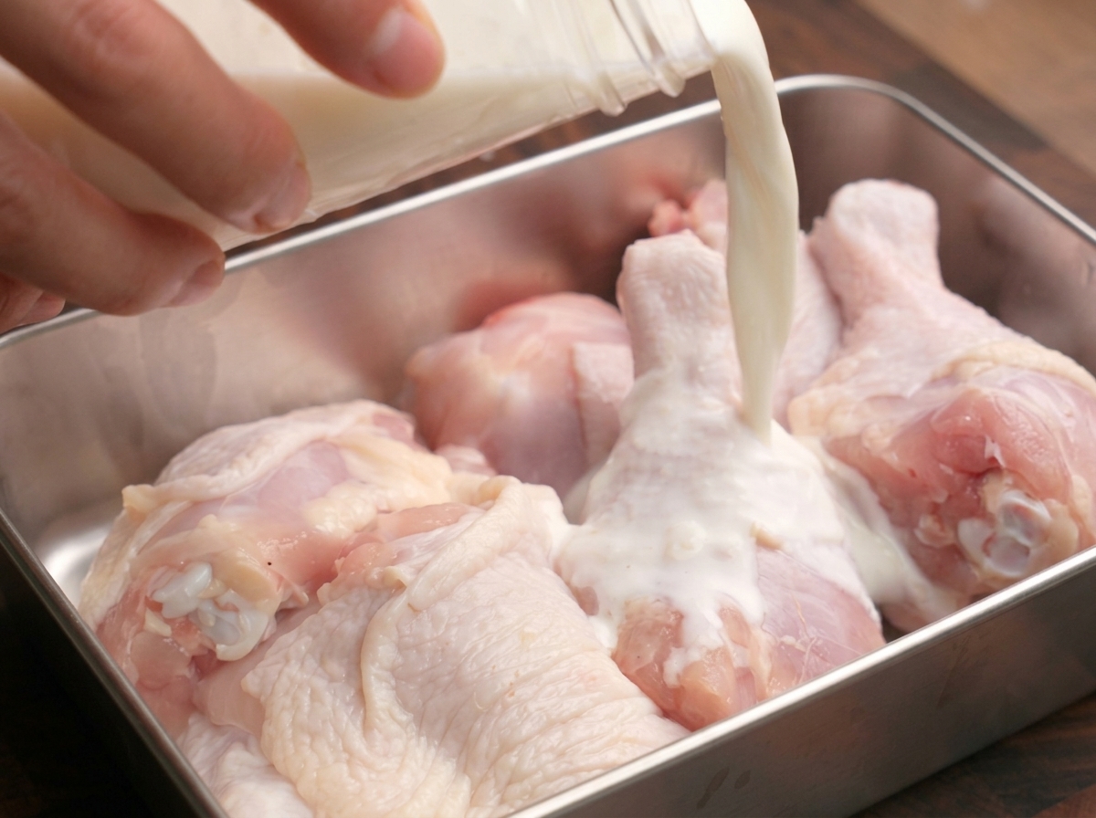 鶏肉が入った金属製のトレイに、とろみのついたミルク液を注いでいる様子