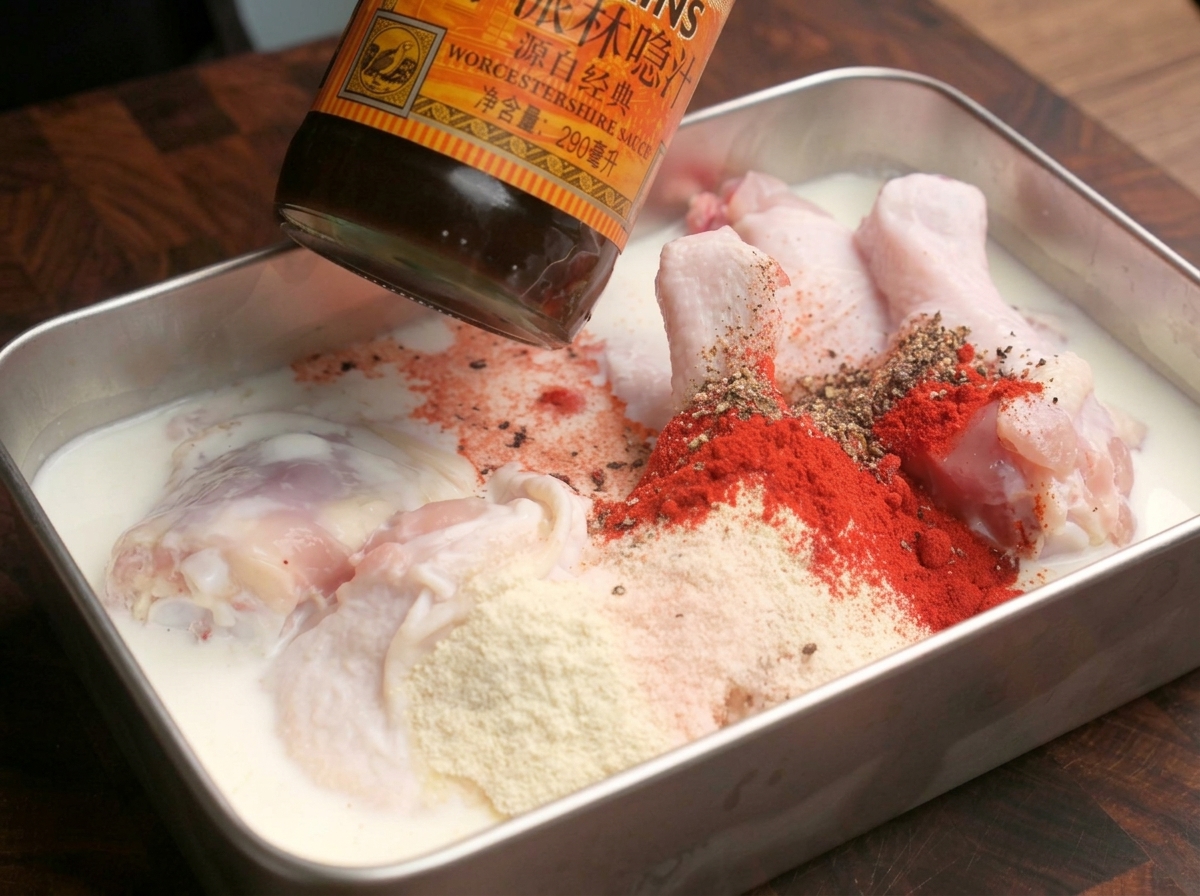 スパイスをまぶした鶏肉に、ウスターソースを垂らしている様子