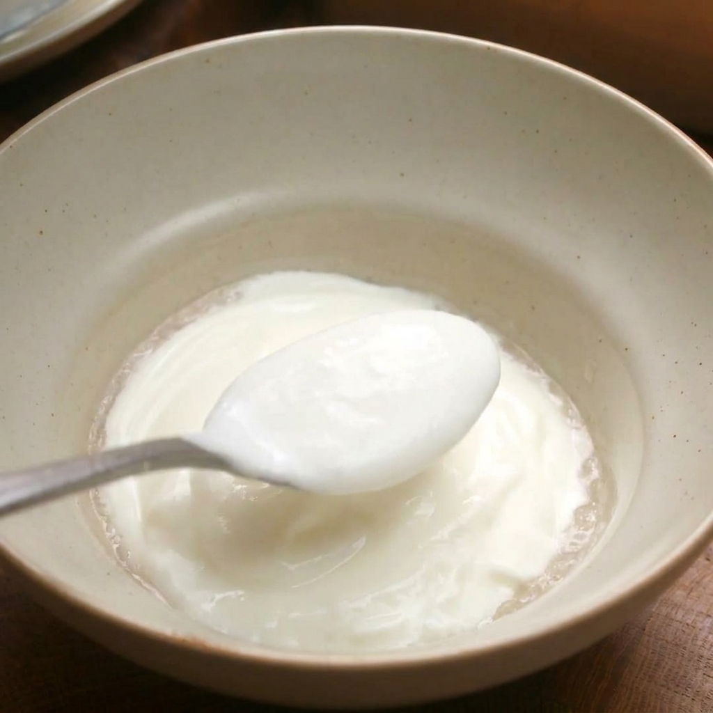 ボウルに入ったすりおろし玉ねぎに、スプーンでヨーグルトを加えている様子