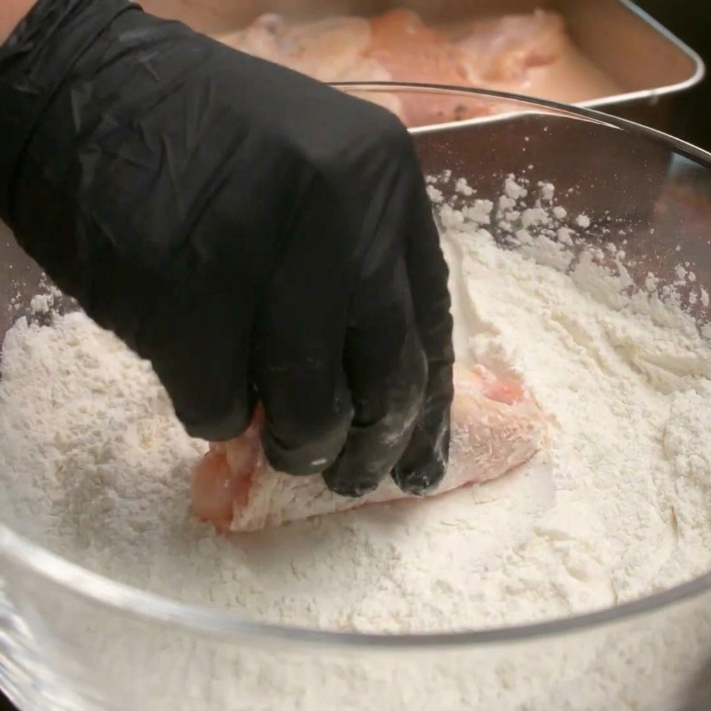 手袋をした手で、鶏肉にしっかりと衣をまぶしている様子