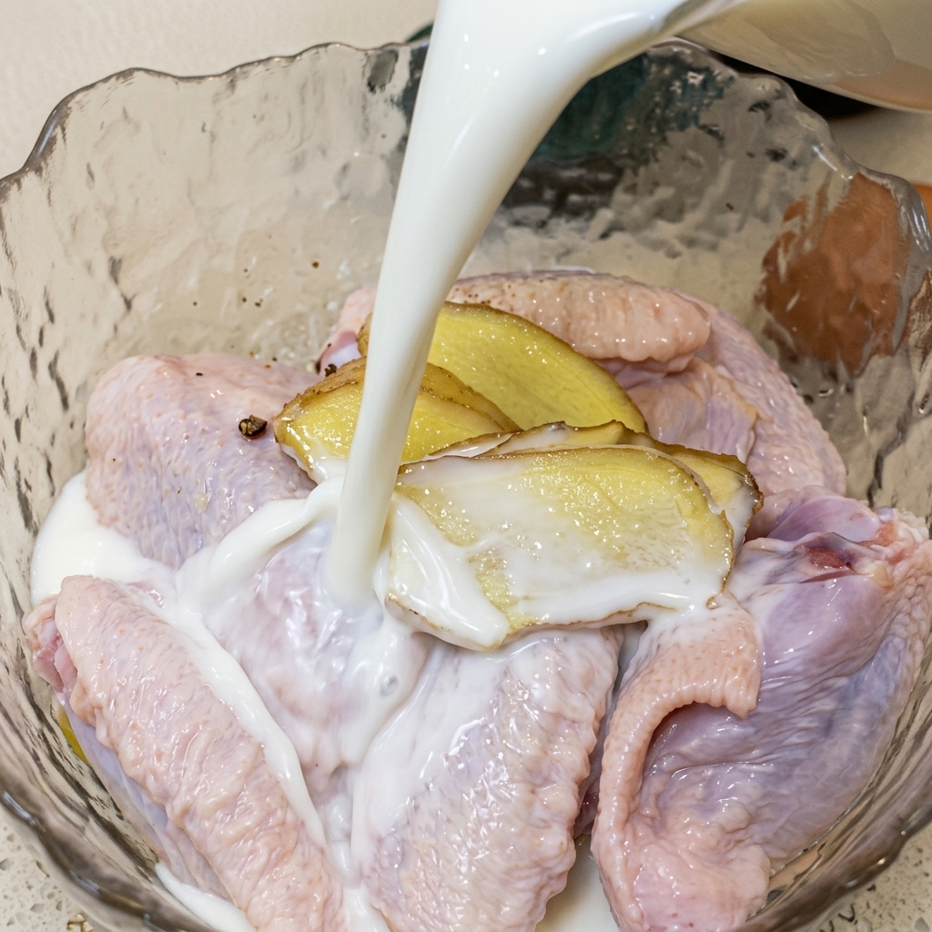鶏肉が入ったボウルに牛乳を注いでいる様子