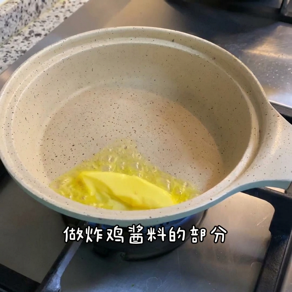 小鍋でバターやチーズ、マスタードを混ぜてソースを作っている様子