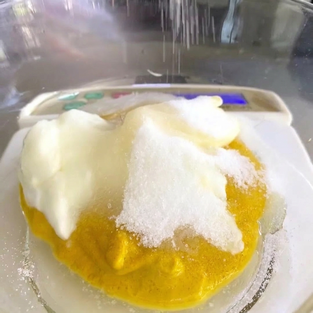 ソースの材料が入ったボウルに、穀物酢を加えている様子。