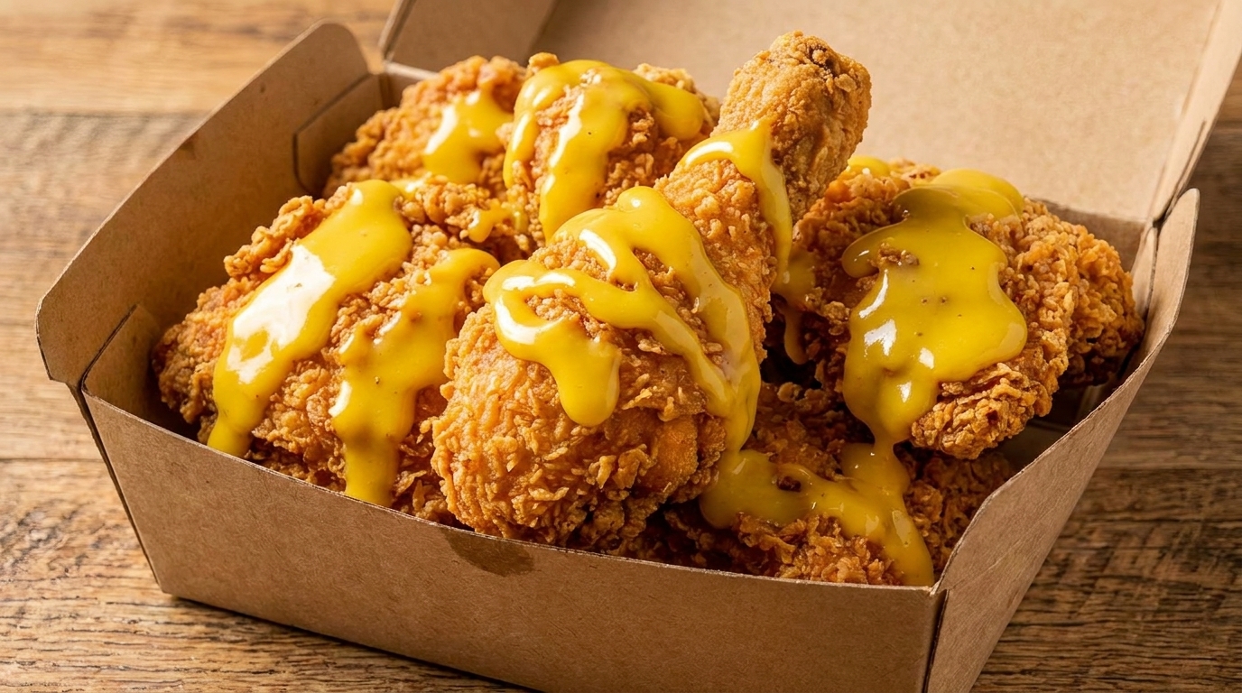 サクサクに揚げたチキンに、なめらかで風味豊かなハニーマスタードソースをたっぷりとかけました。