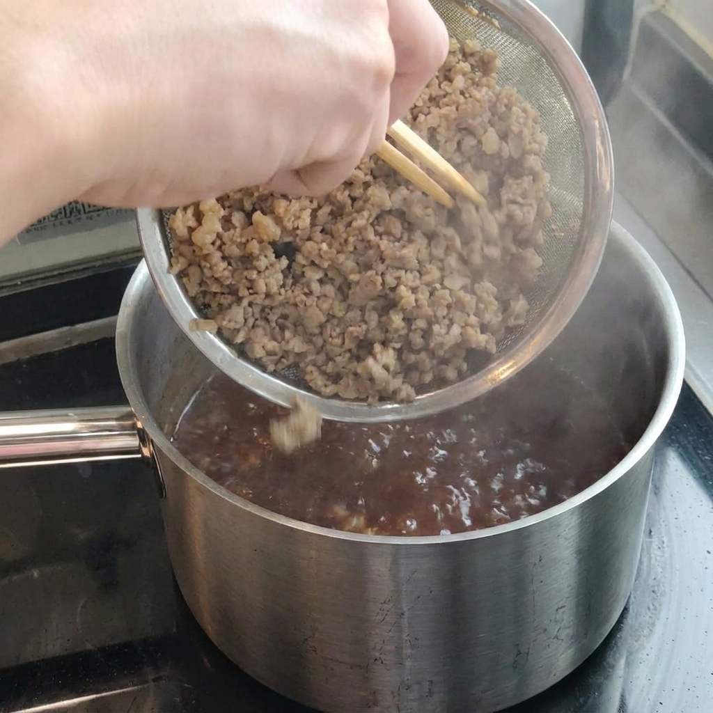 炒めておいた豚ひき肉をソースの中に戻している様子。