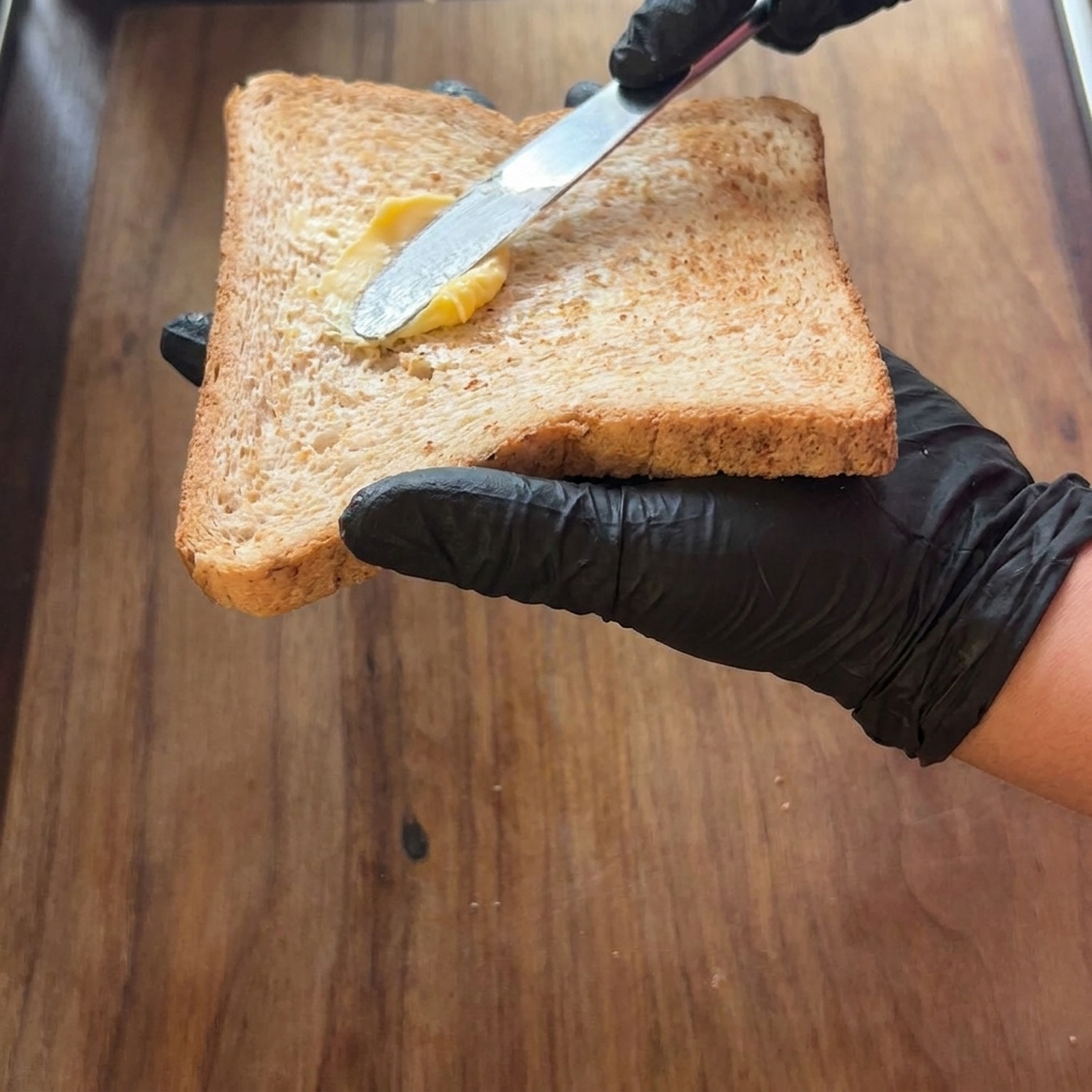 食パンの片面にバターをナイフで塗っている様子。