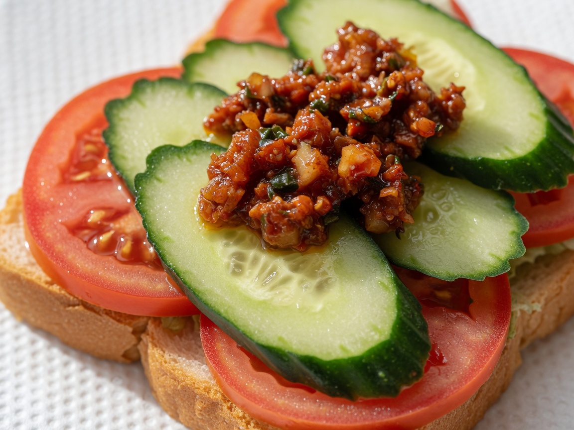 トーストの上の野菜に、旨みたっぷりのミートソースをたっぷりのせている様子。