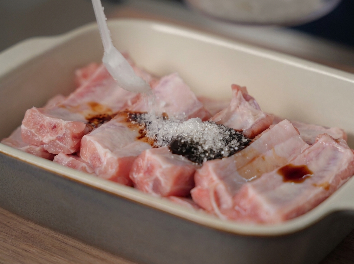 焼き皿の上で調味料や香辛料と和えられているスペアリブ。