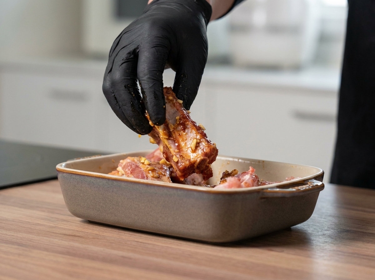 手で丁寧に調味料をまぶされているスペアリブ。