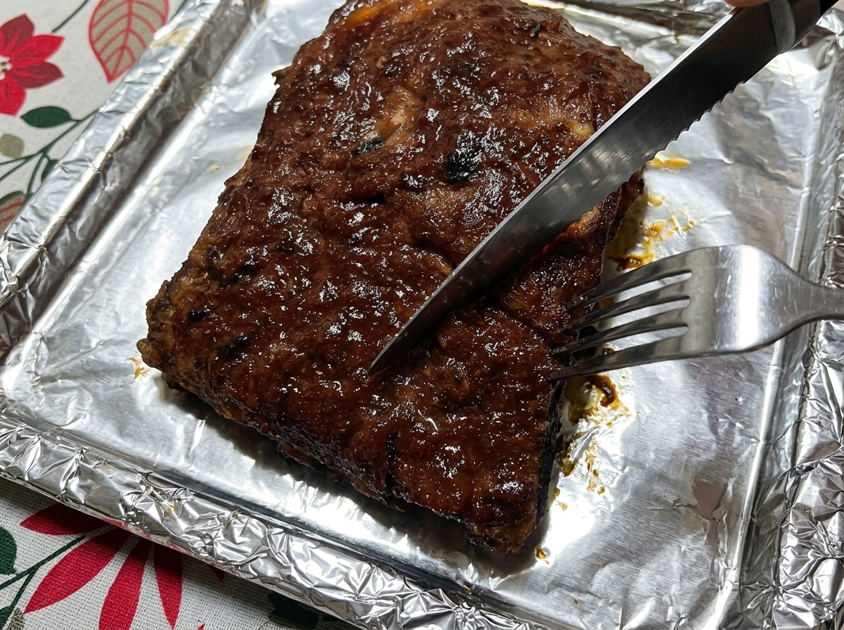 焼き上がった美味しそうなスペアリブをナイフとフォークで切り分けている様子。