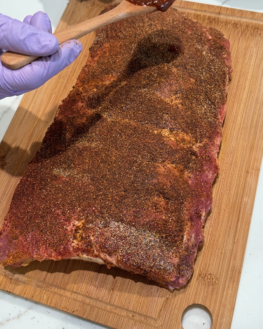 手袋をした手が木のスプーンを持ち、ドライラブをまぶしたポークリブにBBQソースを塗っている様子。