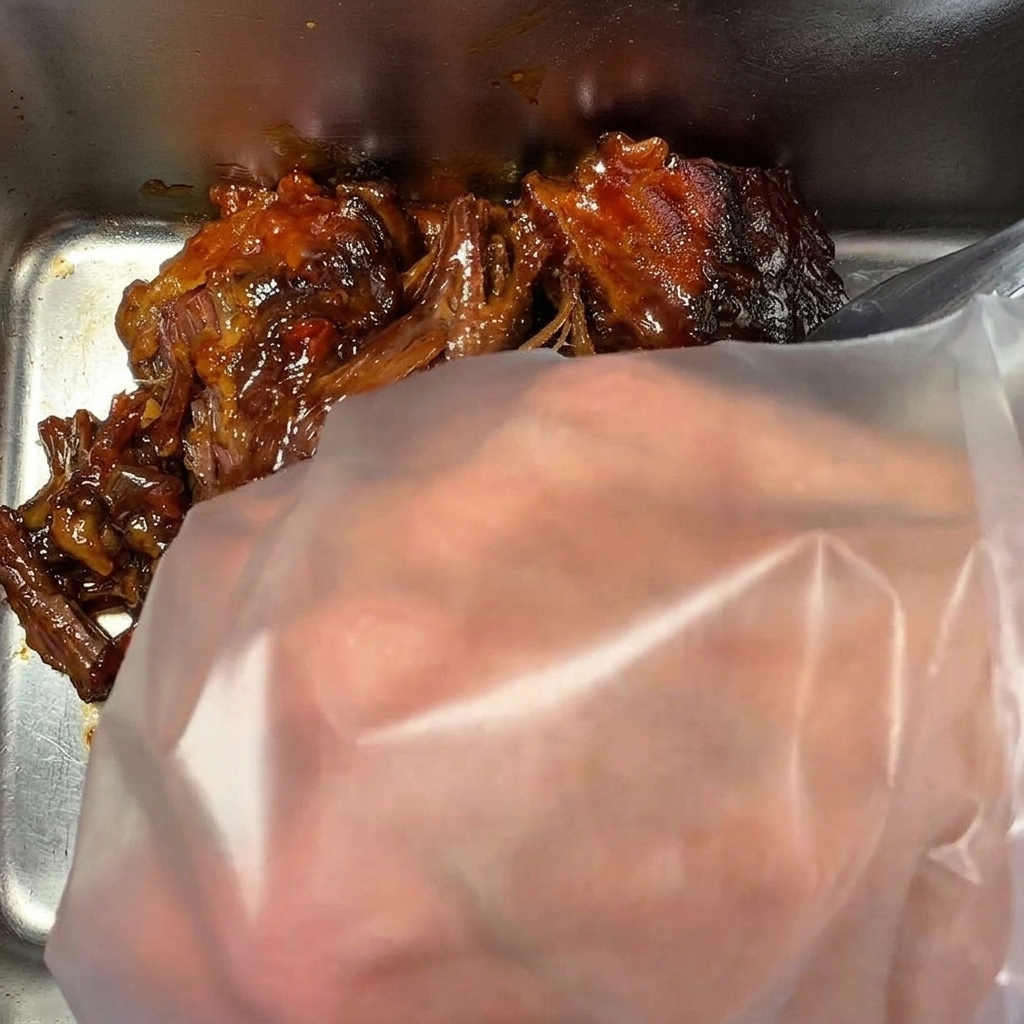 食品用手袋をした手が、調理済みの茶色い牛ブリスケットを細かくほぐしているクローズアップ画像。