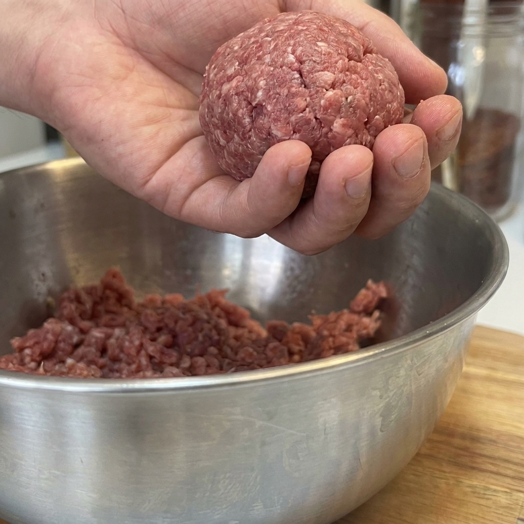 120gの牛ひき肉を手のひらでパティの形に整えている様子。