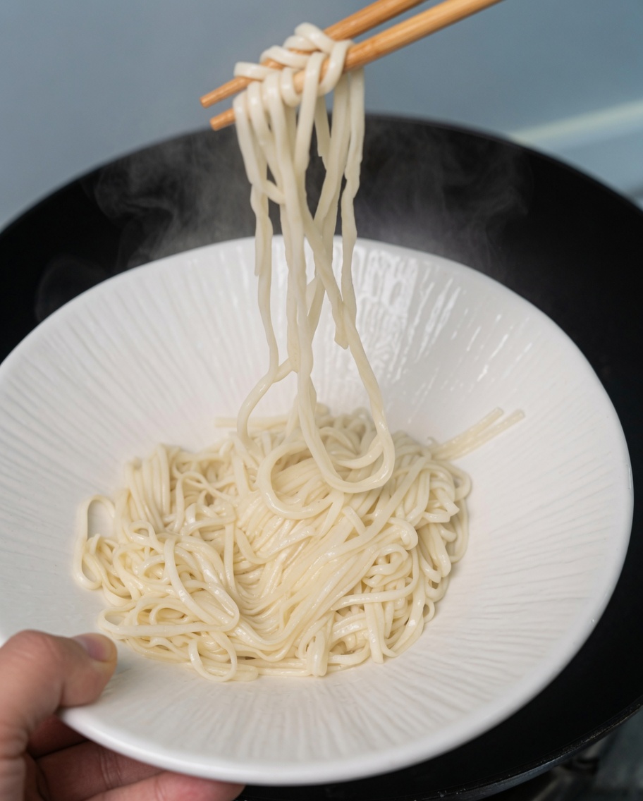 箸を使って、茹で上がった麺と青菜を白い器に移す様子。