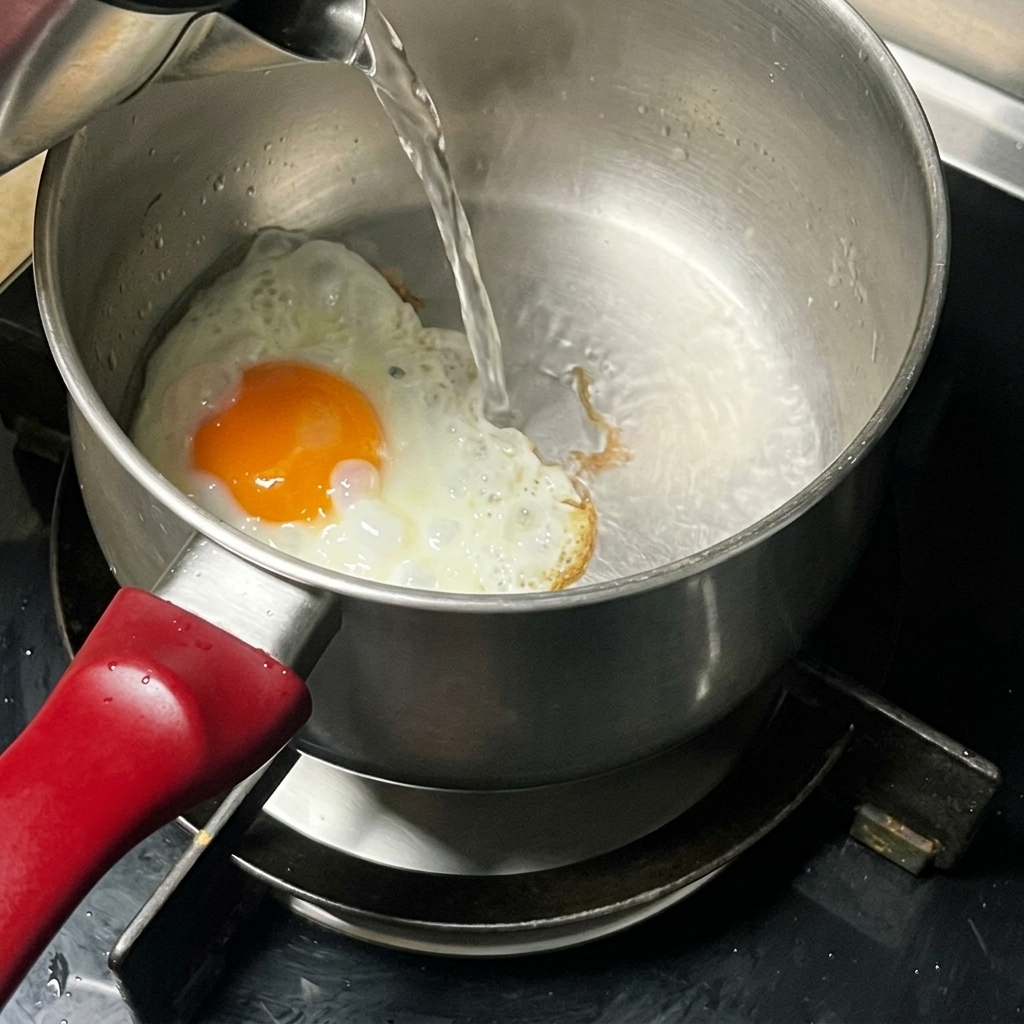 卵が入った鍋に、ケトルから熱湯が注がれている様子。