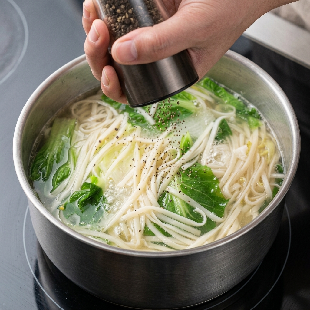 野菜入りのスープに、ミルで黒胡椒が挽かれている様子。