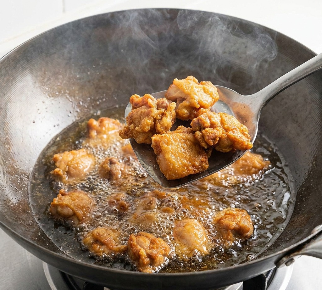熱した中華鍋の中で、油を弾かせながら焼かれる鶏肉。