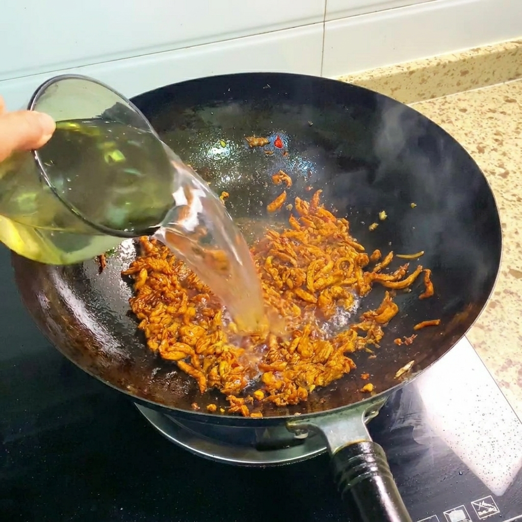 鍋に水を加え、スープを作っている様子。