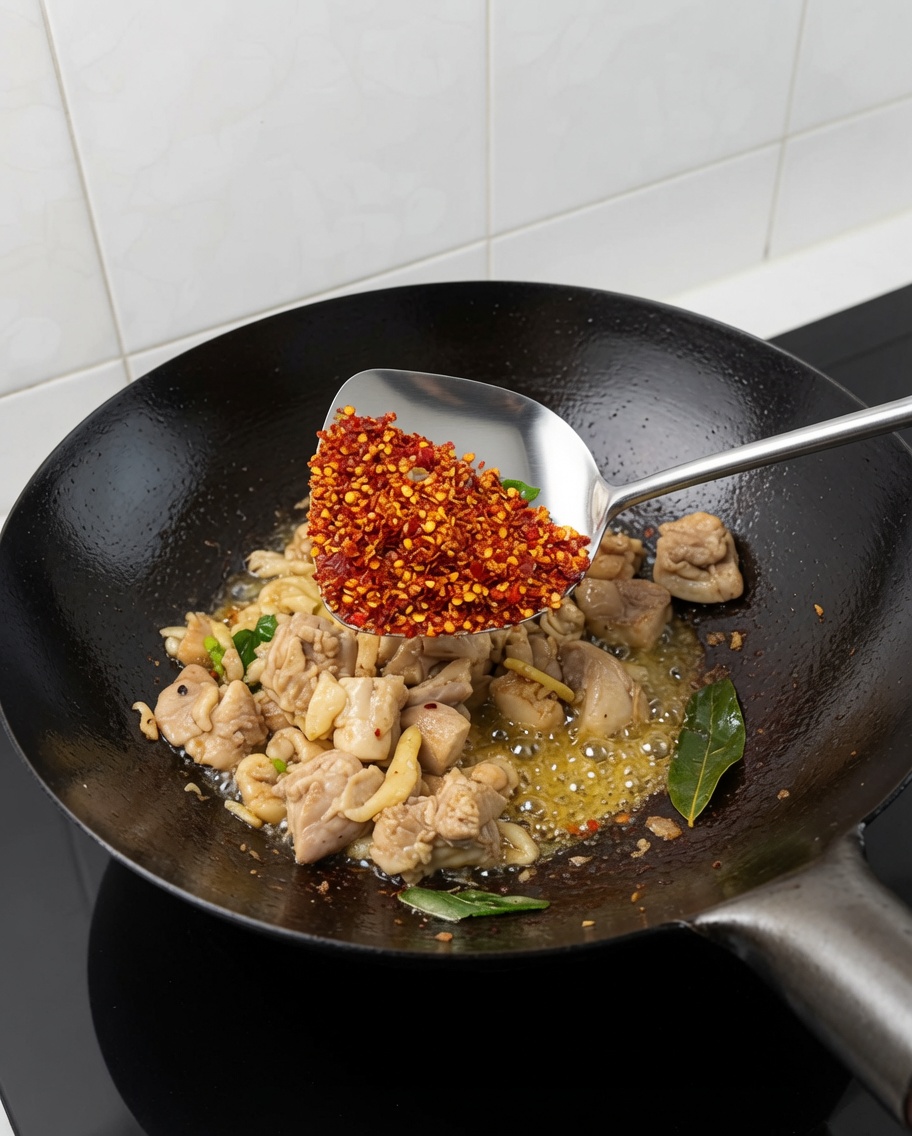 炒め中の鶏肉に乾燥唐辛子を振り入れる様子。