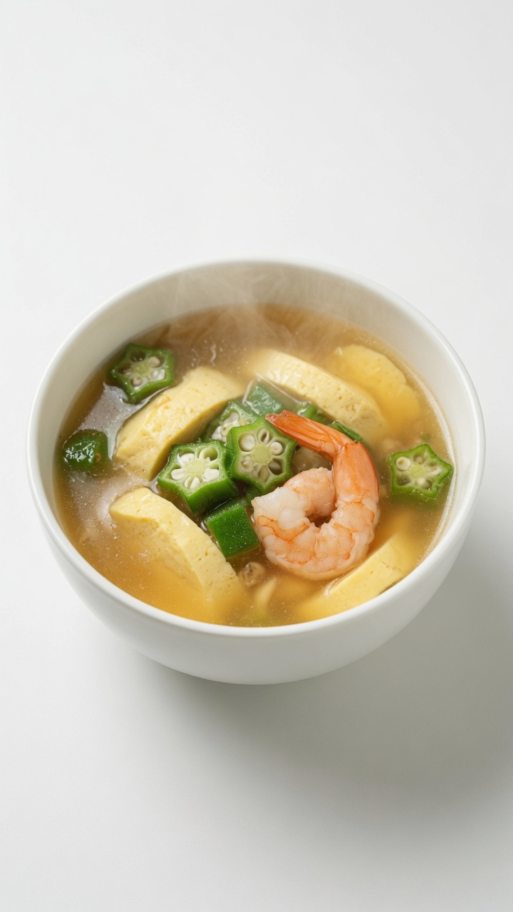 黄金海老・豆腐・オクラのスープ