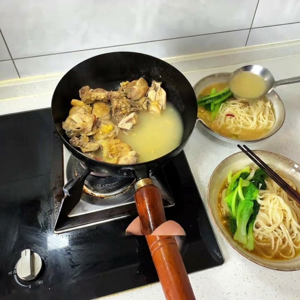 中華鍋から残りのスープと鶏肉を、麺と青菜が入った器に注いでいる様子。