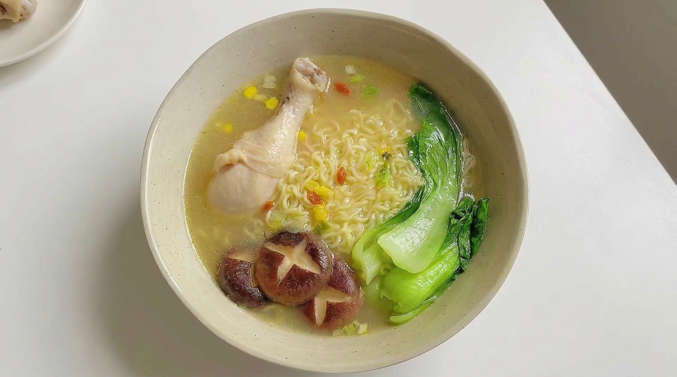 椎茸とチンゲン菜の贅沢チキンラーメン