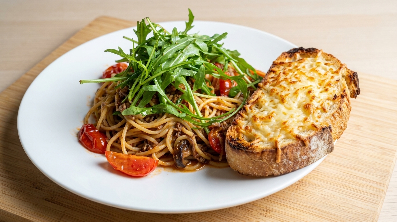 旨みたっぷりのミートソーススパゲッティと、こんがり焼けたサクサクのチーズトーストの盛り合わせ。