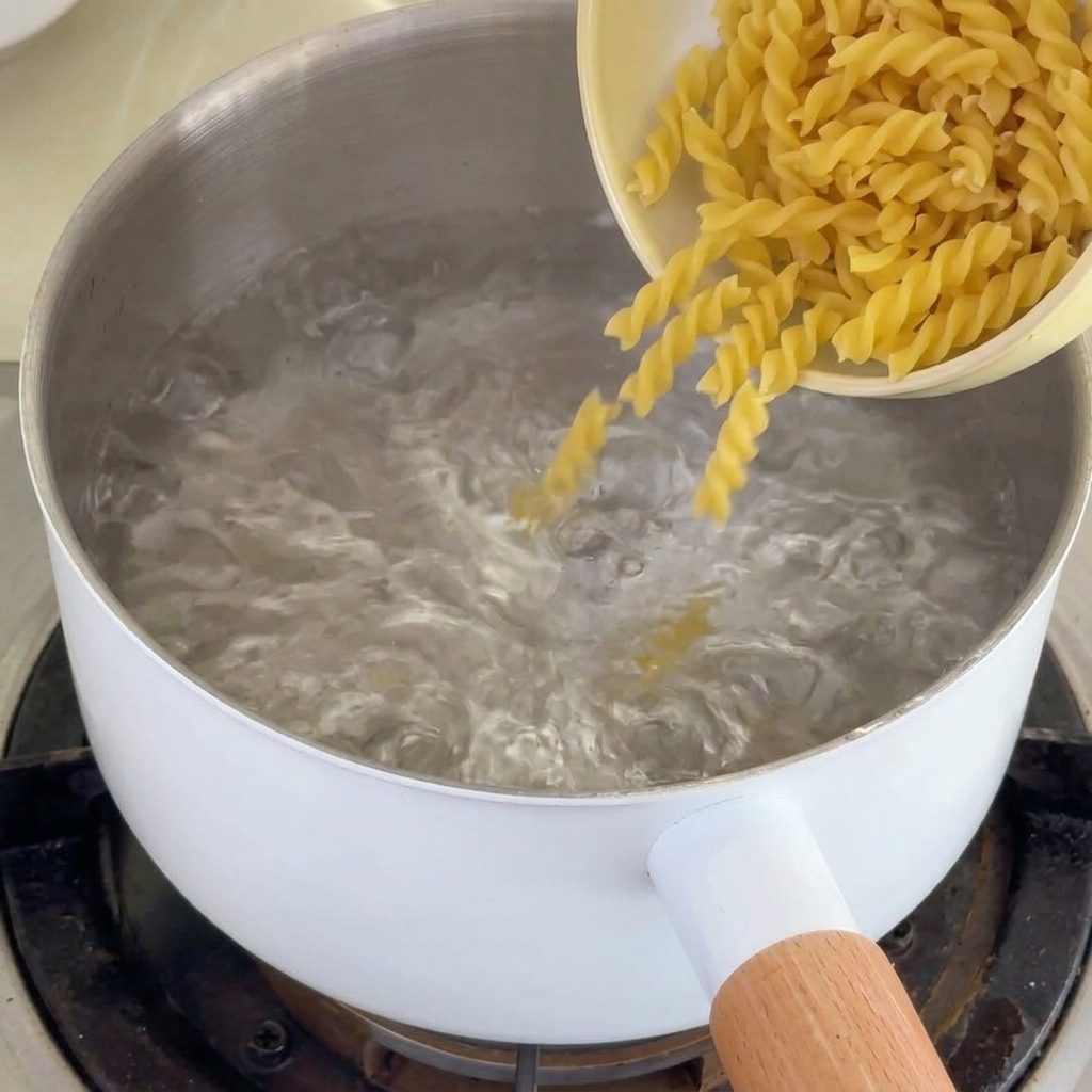 沸騰した湯にフジッリを入れる様子