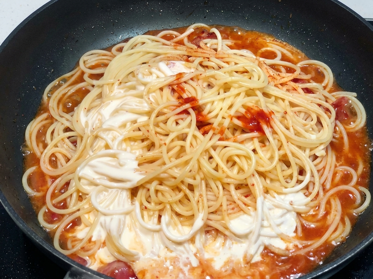 フライパンの中のパスタに、合わせ調味料とクリームソースが注がれている様子。