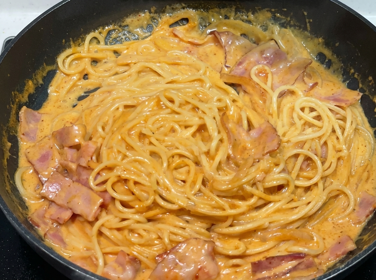 箸でパスタを混ぜ合わせ、ソースが均一に絡んでいる様子。