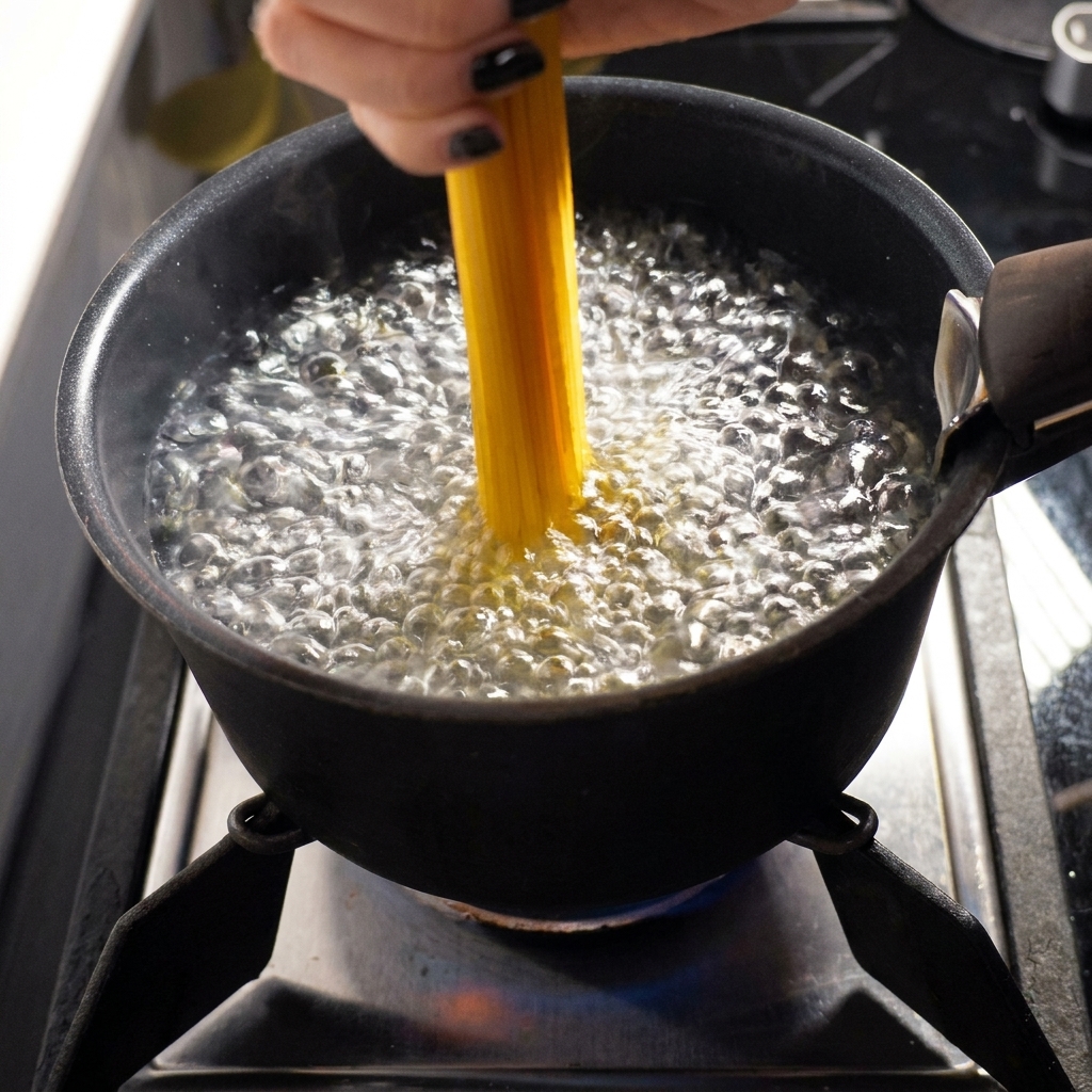大きな鍋で沸騰したお湯にスパゲッティを入れている手。