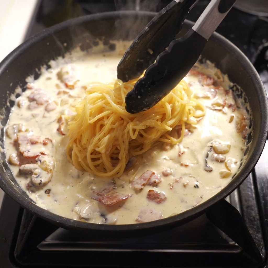 茹で上がったパスタをフライパンに移している様子。