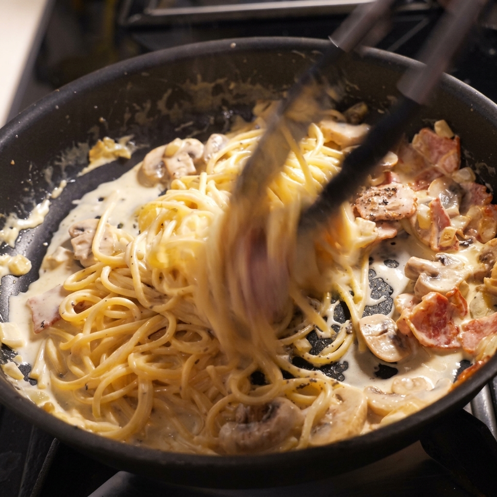 ソースとパスタをトングでよく混ぜ合わせている様子。