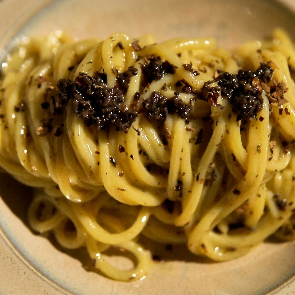 クリーミーなソースが絡んだ麺を皿に盛り付ける様子