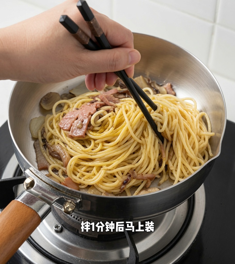 フライパンの中で菜箸を使って和えられている黒トリュフスパゲッティ。