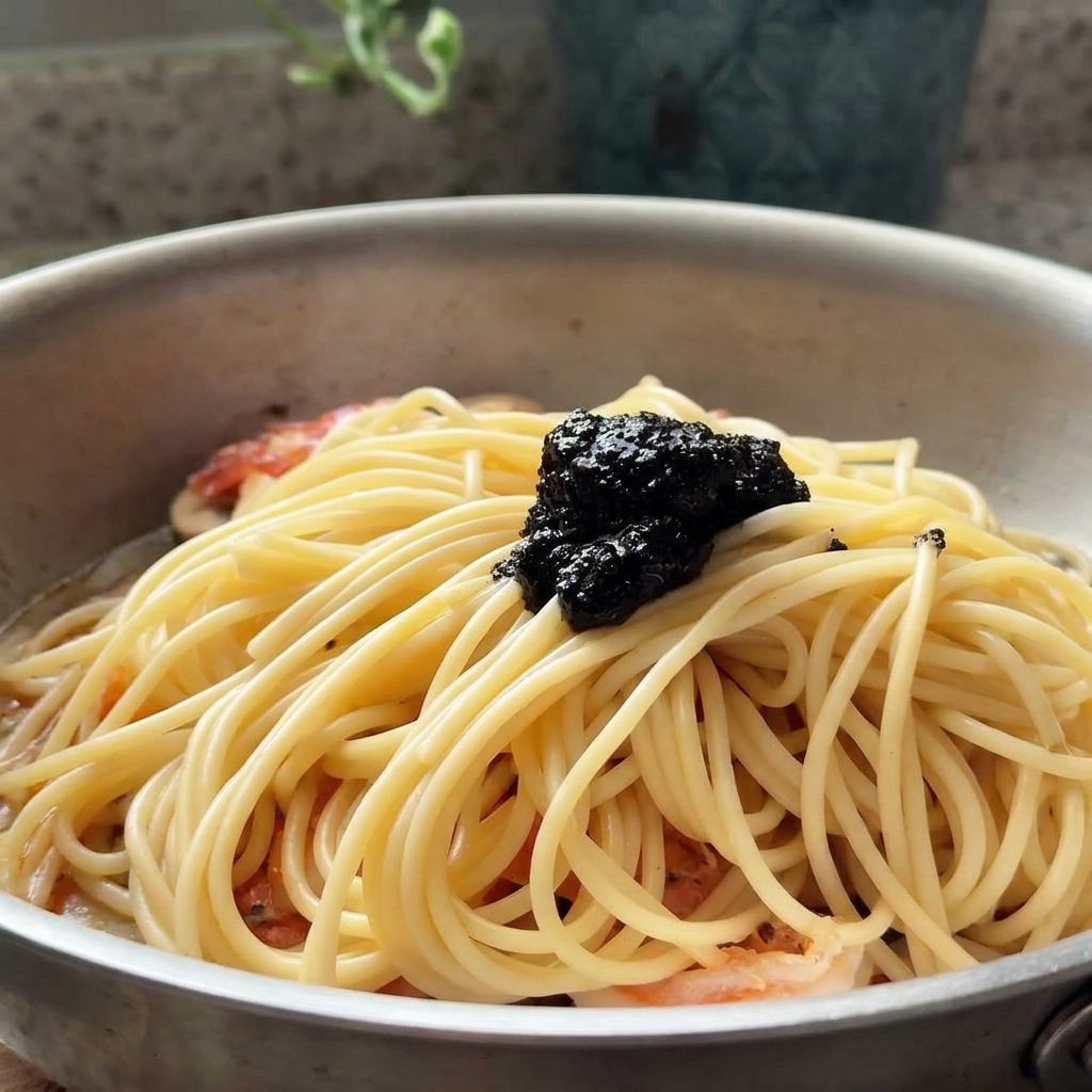 フライパンの中のスパゲッティとエビの上に、黒トリュフペーストをスプーンでのせている様子。