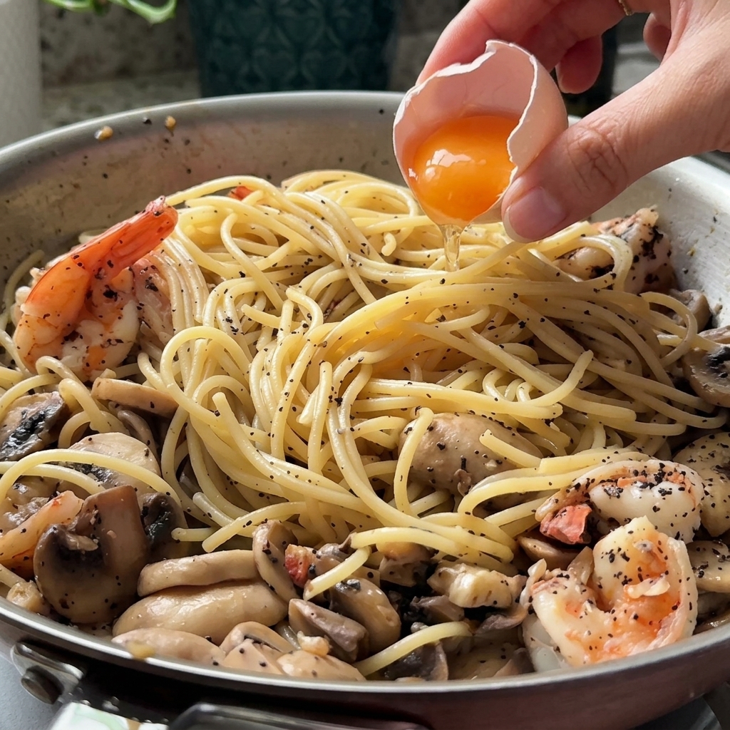 パスタ、マッシュルーム、エビの混ざったフライパンの中央に、新鮮な卵黄を落としている様子。
