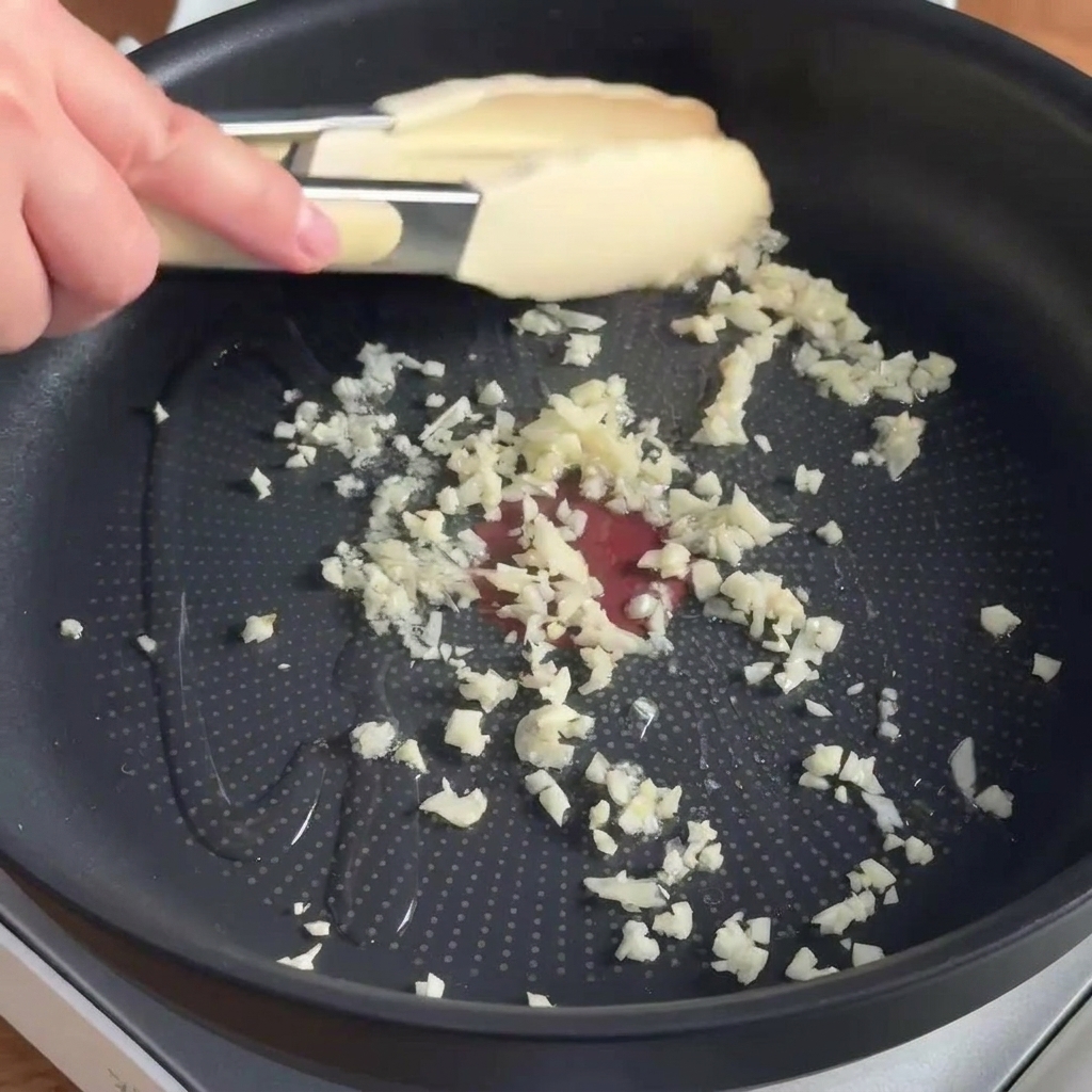 フライパンで油とともに揚げ焼きされるみじん切りにんにく。