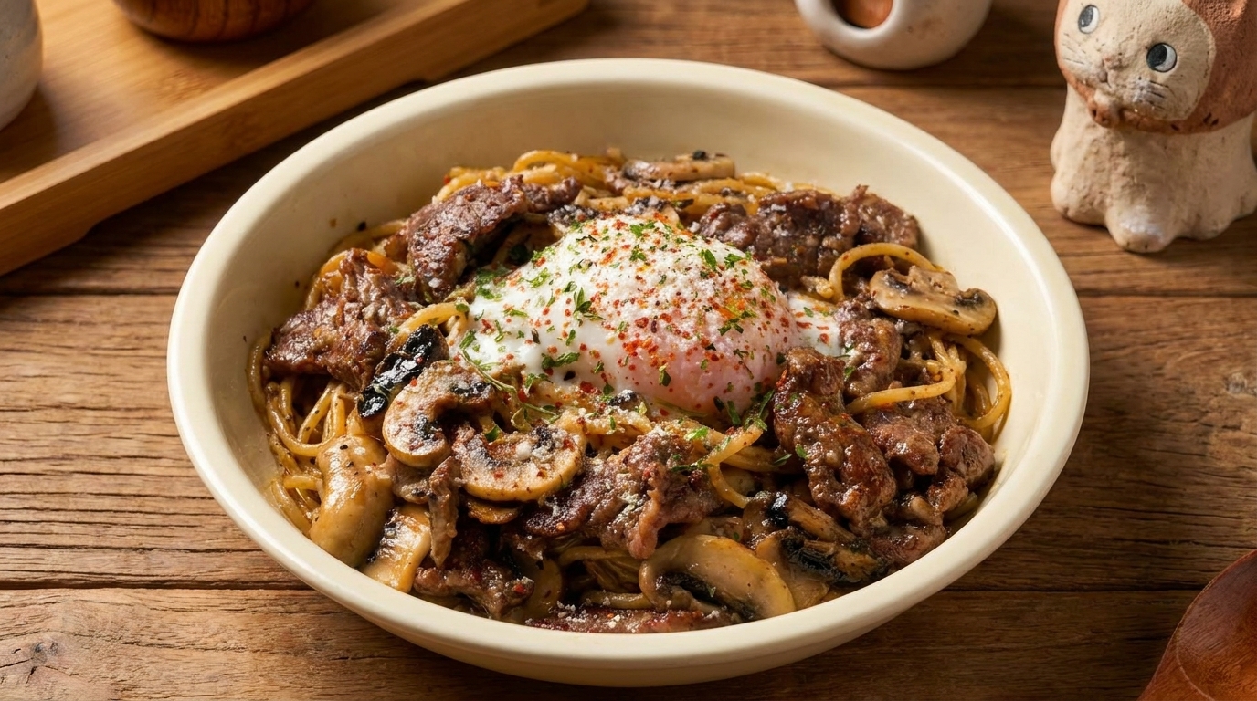 トリュフ香る牛肉のパスタ 温玉のせ