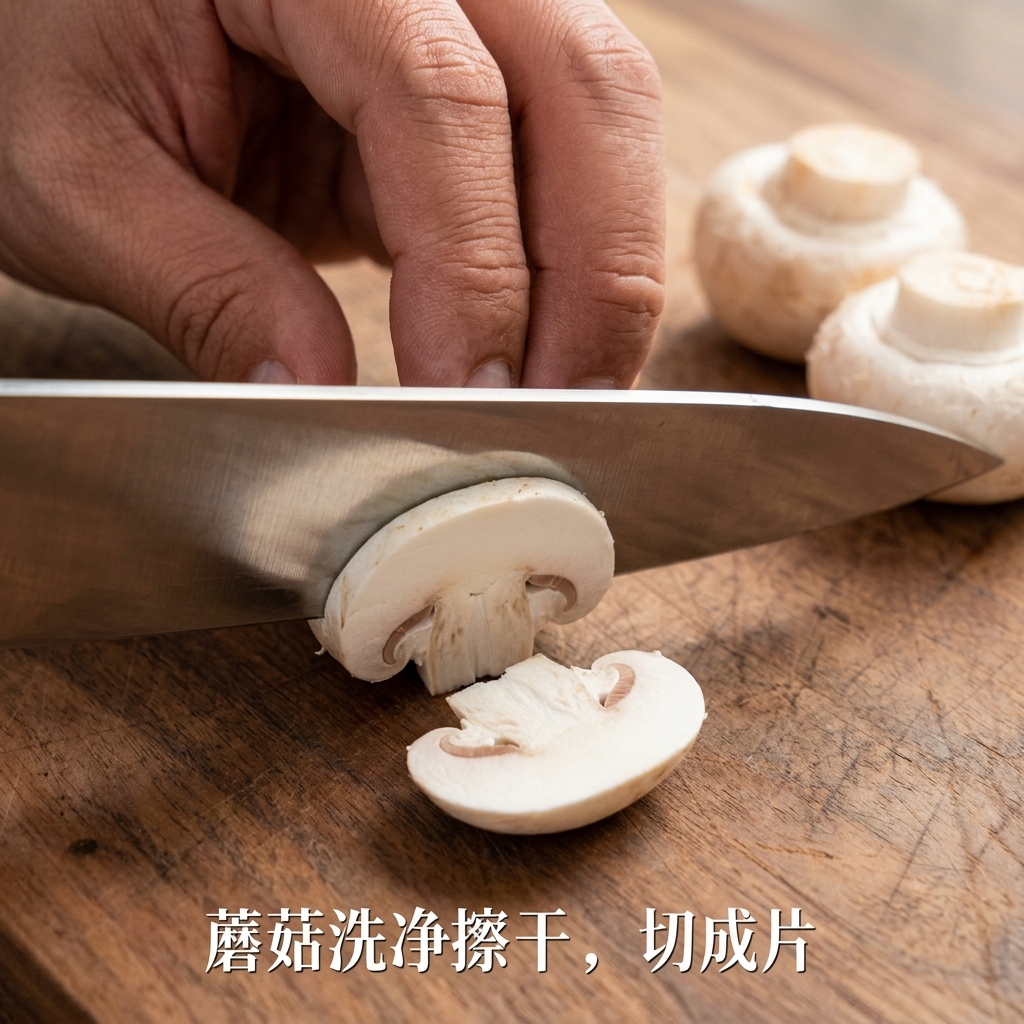 素朴な木のまな板の上に並べられた、薄くスライスされた生のキノコ。