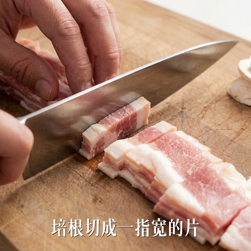 木のまな板の上で、同じ大きさに切られている生のベーコン。