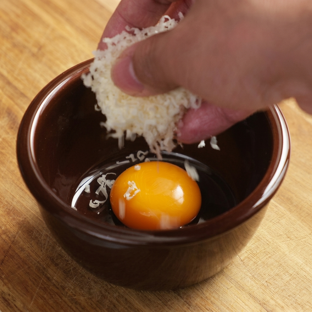 茶色の陶器のボウルに入った、卵黄、おろしたパルメザンチーズ、トリュフソースの豊かな混合物。