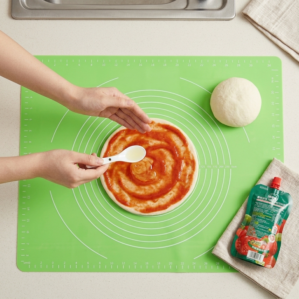味付けしたピザベースの上にスプーンでオイルを回しかけている様子。
