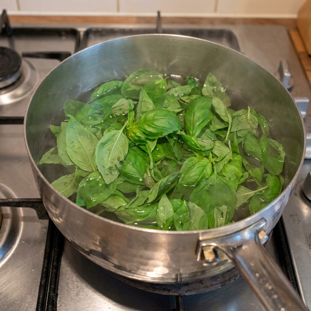 鍋で沸騰したお湯にフレッシュバジルの葉をくぐらせている様子。