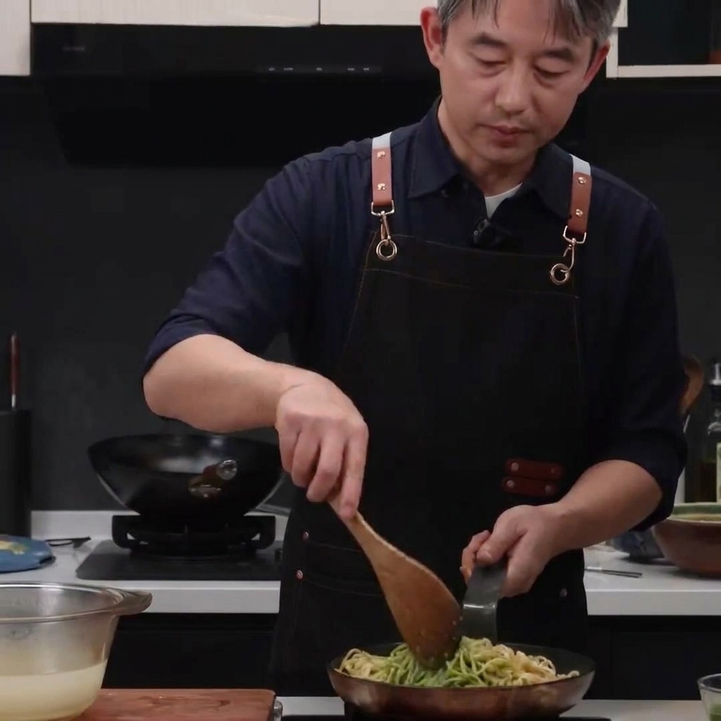 木べらを使ってスパゲッティ、鶏肉、ペーストを丁寧に混ぜている様子。