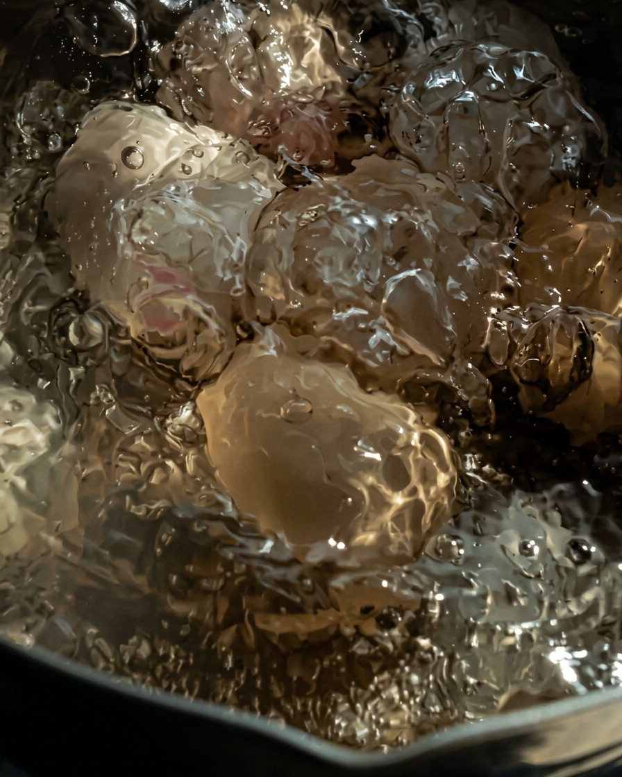 氷水の入ったボウルで急速に冷やされているゆで卵。