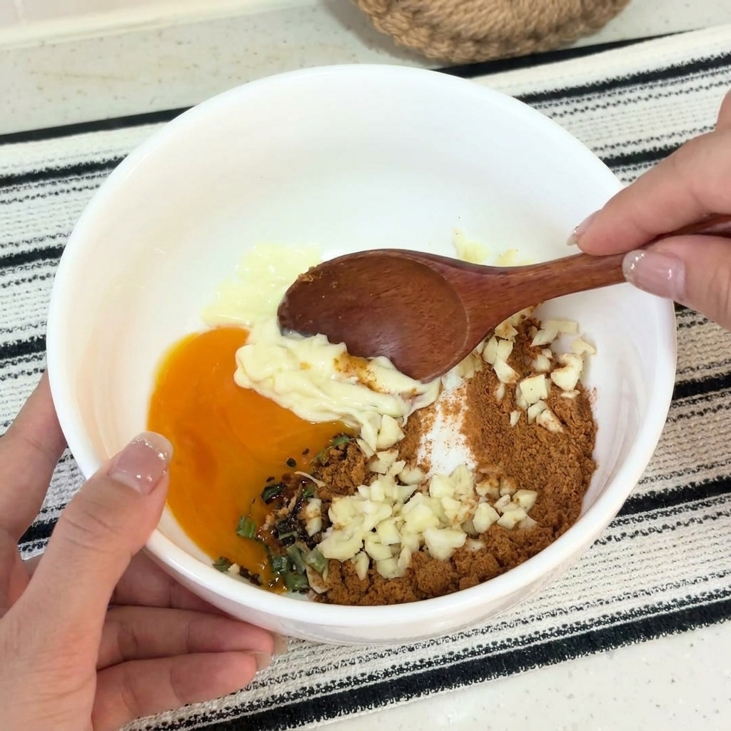 木製のスプーンで、器の中の材料を混ぜ合わせている様子。
